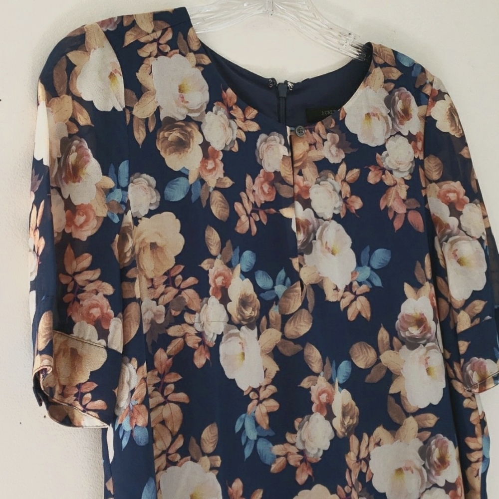 J.CREW Antique Floral Silk Shift Dress Womens Size 00 Navy Blue Short Sleeves - Picture 4 of 15